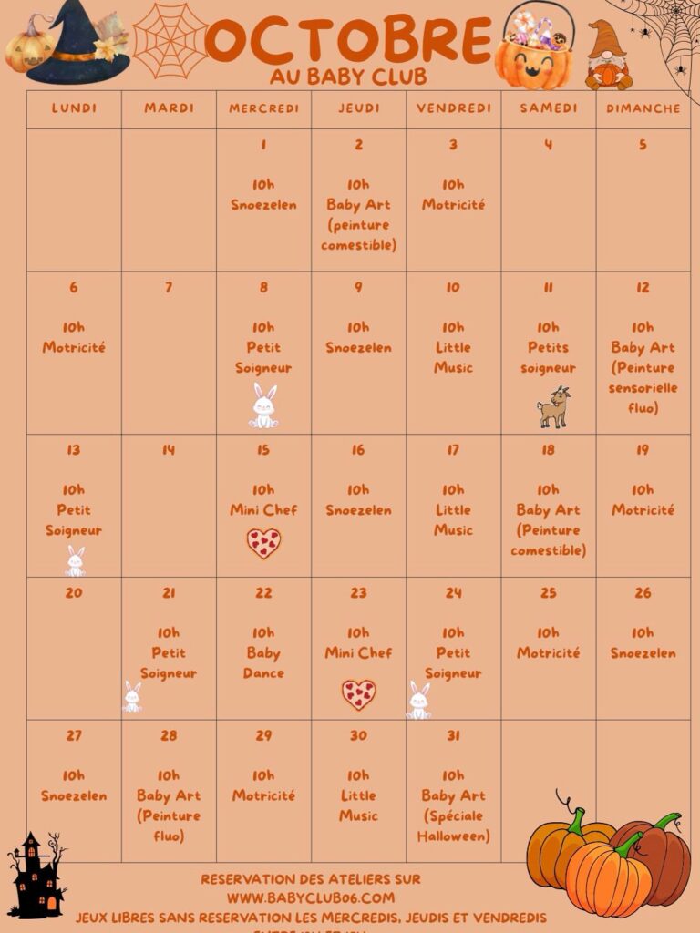 Planning activités bébés Octobre 2025 babyclub 06 cagnes sur mer