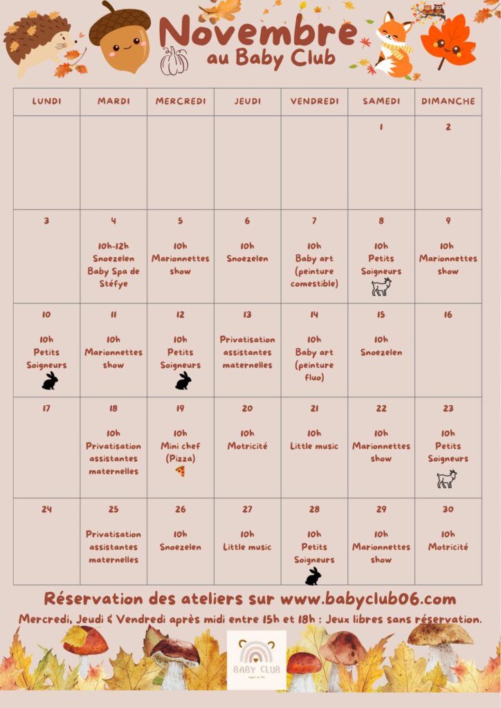 Planning activités bébé enfants Cagne sur mer Novembre 2025