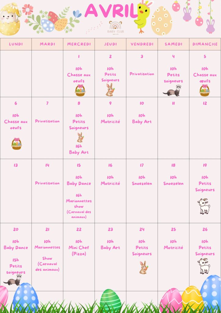 planning baby club Avril 2026 planing activités Baby Club Cagnes sur mer